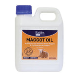 White plastic battles maggot oil jug with blue cap and orange label for soothing skin dressing and effective fly strike