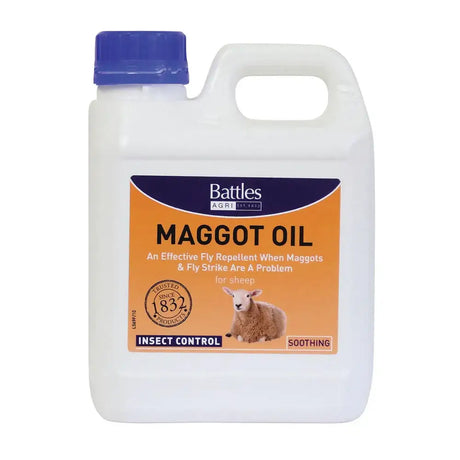White plastic jug with blue cap and orange label battles maggot oil soothing skin dressing for effective fly strike on sheep