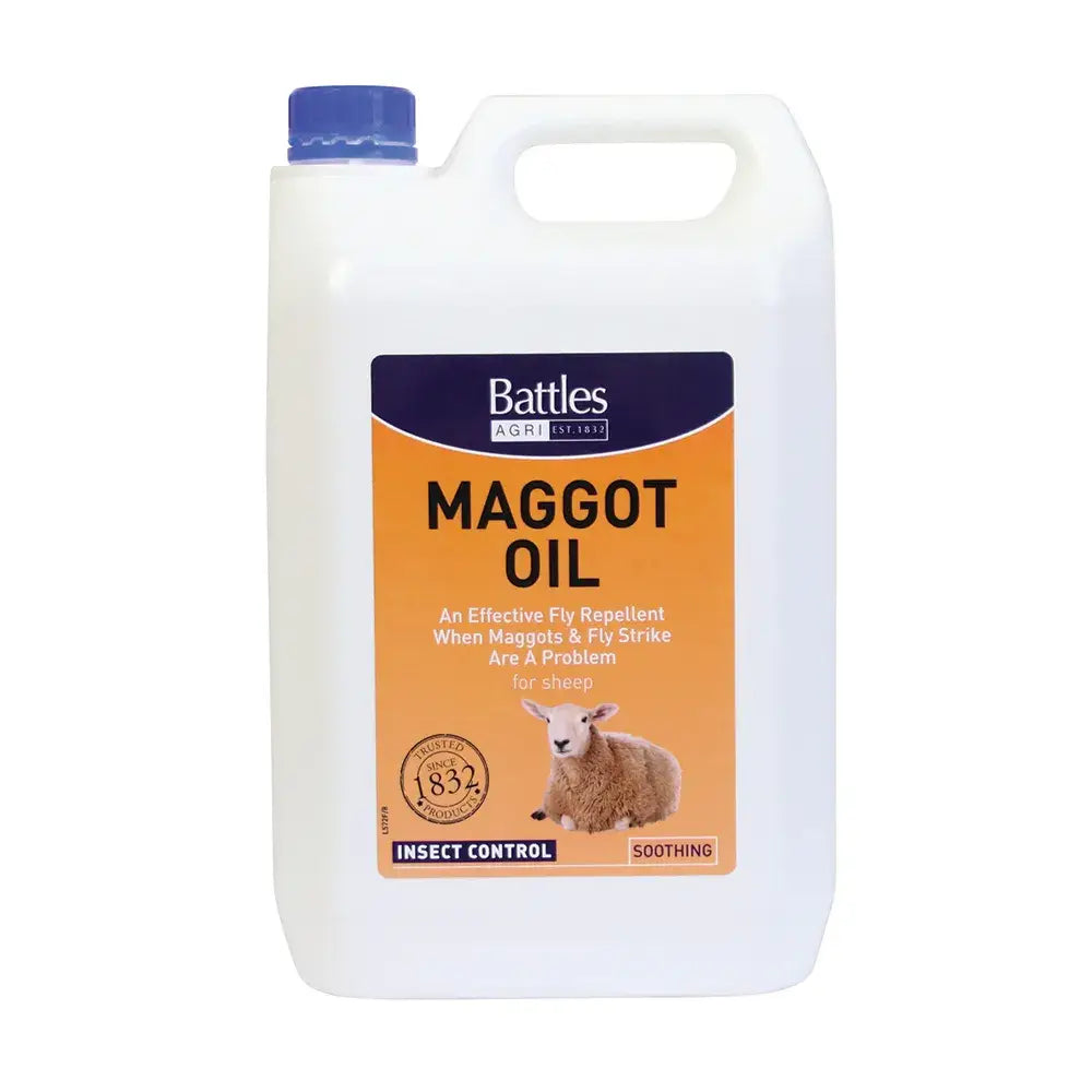 White plastic jug with blue cap and orange battles maggot oil label for effective fly strike and soothing skin dressing