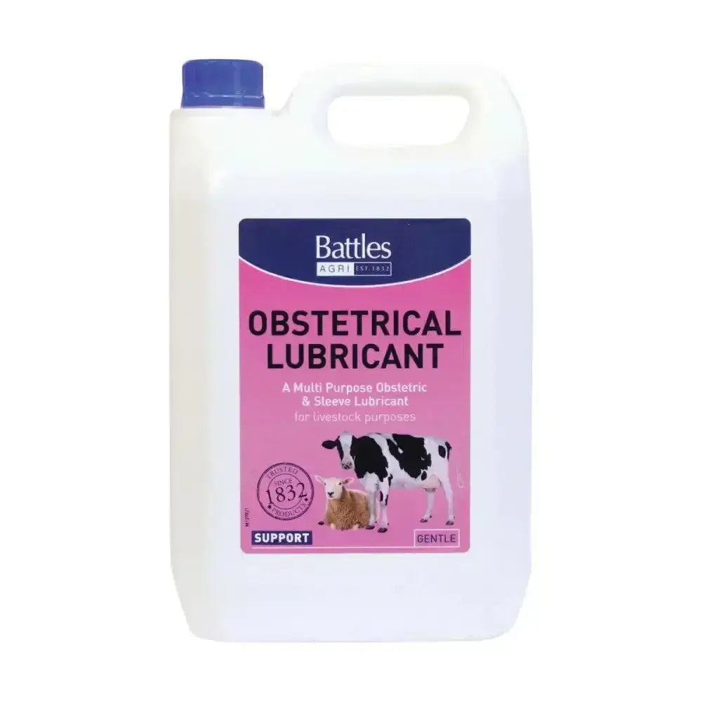 White plastic jug with blue cap and pink battles obstetrical lubricant label for livestock use