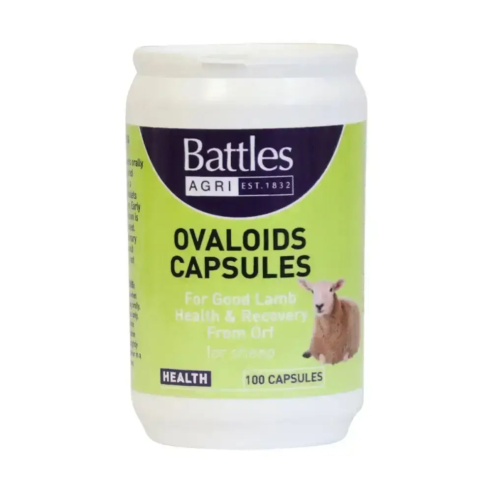 White plastic container of battles ovaloid 100 capsules with lime green purple label featuring a lamb for sheep recovering and assisting good health