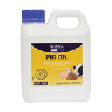White plastic jug with blue cap and yellow label of battles pig oil skin conditioning oil for livestock coat care