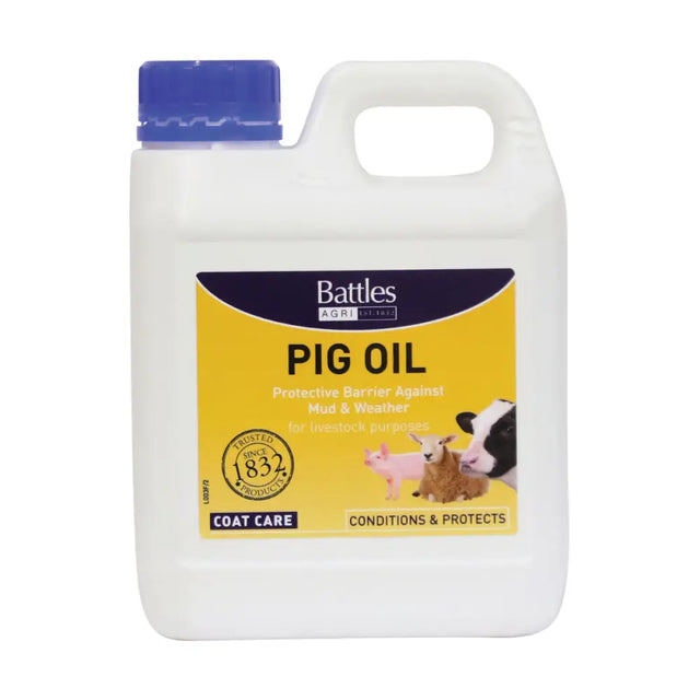 White plastic jug with blue cap and yellow label of battles pig oil skin conditioning oil for livestock coat care