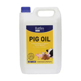 White plastic jug with blue cap and yellow battles pig oil label for skin conditioning oil and coat care