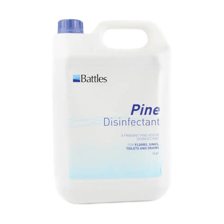 White plastic jug with blue cap and battles pine disinfectant label showing fragrant pine odour disinfectant benefits