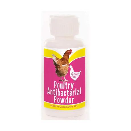 A white plastic bottle of battles poultry antibacterial poultry antibacterial powder with pink yellow label and chicken illustration
