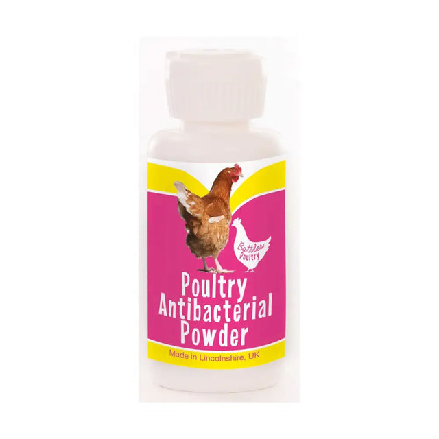 A white plastic bottle of battles poultry antibacterial poultry antibacterial powder with pink yellow label and chicken illustration