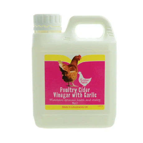 A 1-liter white plastic jug of battles poultry cider vinegar with garlic featuring a pink yellow label with a brown chicken to promote effective food utilisation