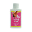 A white plastic battles poultry drink bottle with a pink yellow label showing a brown chicken energy sugar syrup base