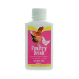 A white plastic battles poultry drink bottle with a pink yellow label showing a brown chicken energy sugar syrup base