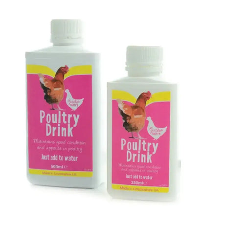 Two white plastic bottles of battles poultry drink energy sugar syrup with pink and yellow chicken labels in 500ml and 250ml