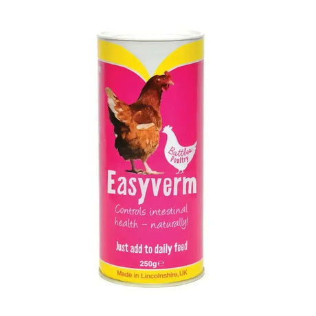 Pink battles poultry easyverm container with yellow accents and brown chicken illustration for poultry health with nine important herbs including wormwood