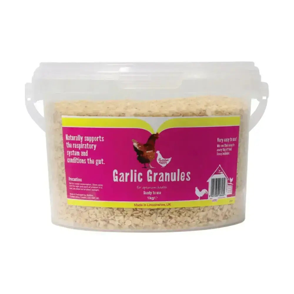 A clear plastic container with white handles holds 1kg of battles poultry garlic granules natural feed additive