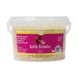 A clear plastic container with white handles holds 1kg of battles poultry garlic granules natural feed additive