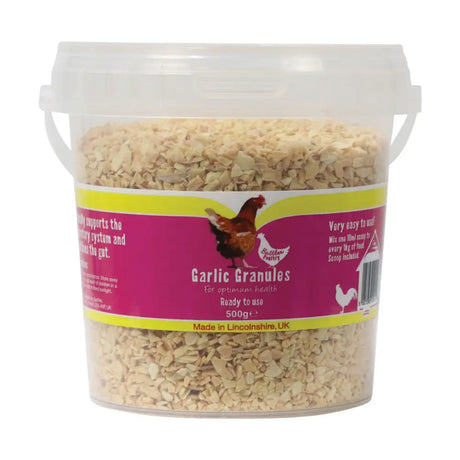 A clear plastic bucket of light beige battles poultry garlic granules natural feed additive for optimum health