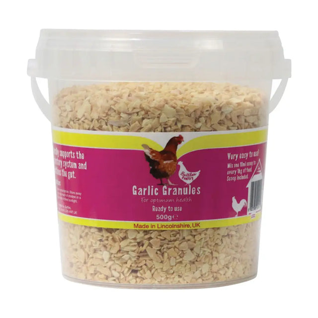 A clear plastic bucket of light beige battles poultry garlic granules natural feed additive for optimum health