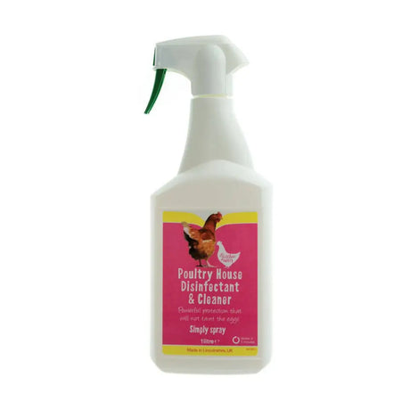 White plastic spray bottle with green trigger labeled battles poultry house disinfectant for powerful protection in cleaning