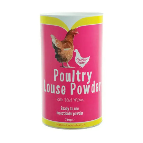 A vibrant pink cylindrical container of battles poultry louse ready-to-use insecticidal powder with a brown chicken illustration