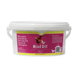 White plastic bucket with pink and yellow battles poultry mixed label featuring chicken for poultry mixed grit feed additive