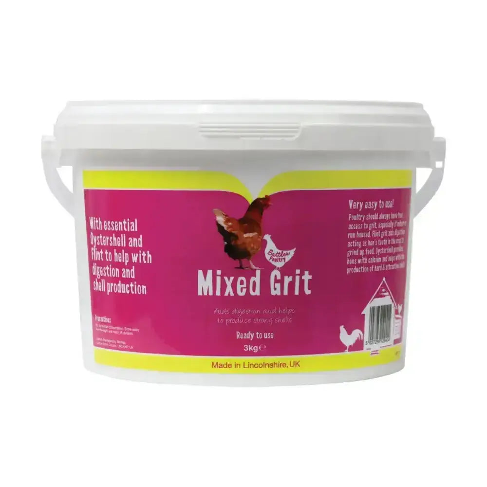 A white plastic bucket of Battles poultry mixed grit with a pink and yellow label and chicken illustration as an essential feed additive