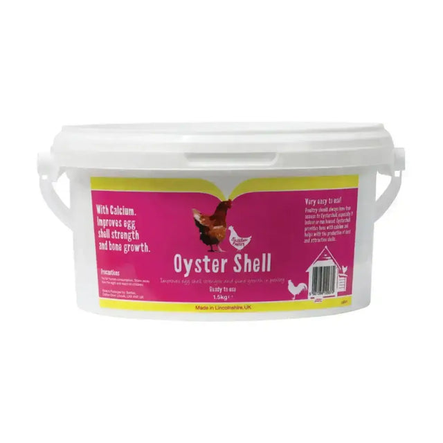 White plastic bucket with pink and yellow battles poultry oyster label for poultry oyster shell calcium supplement