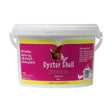 A vibrant pink and yellow labeled white plastic bucket of battles poultry oyster shell supplement made in lincolnshire uk