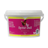 A vibrant pink and yellow labeled white plastic bucket of battles poultry oyster shell supplement made in lincolnshire uk