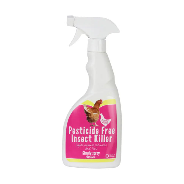 White plastic spray bottle of battles poultry pesticide free insect killer with pink and yellow chicken label