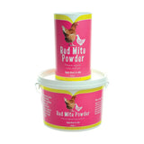 Pink cylindrical container of battles poultry red mite powder with yellow band and chicken illustration for poultry red mite control