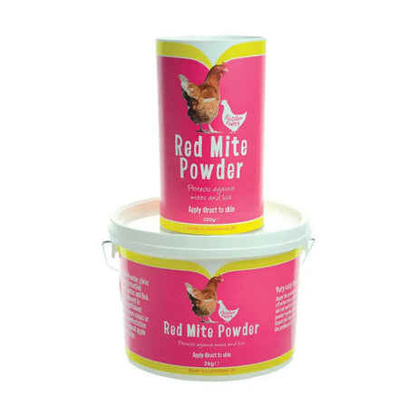 Pink cylindrical container of battles poultry red mite powder with yellow band and chicken illustration for poultry red mite control