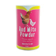 Pink cylindrical container of Battles poultry red mite powder with yellow band and chicken illustration for generation insect repellent