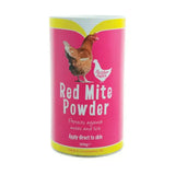 Pink cylindrical container of Battles poultry red mite powder with yellow band and chicken illustration for generation insect repellent