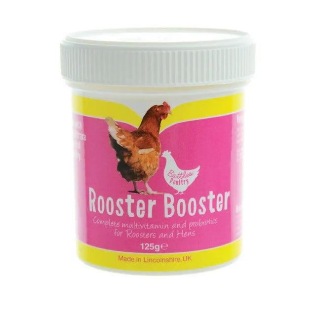 Pink and yellow labeled container of battles poultry rooster booster 125g multivitamin probiotic for chicken care