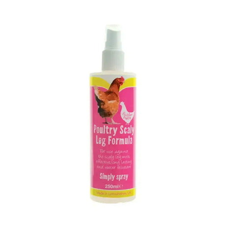 Pink and yellow labeled battles poultry scaly leg formula spray bottle with white nozzle and chicken illustration