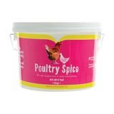 Pink and yellow labeled plastic bucket of battles poultry spice mineral supplement for round condition in birds