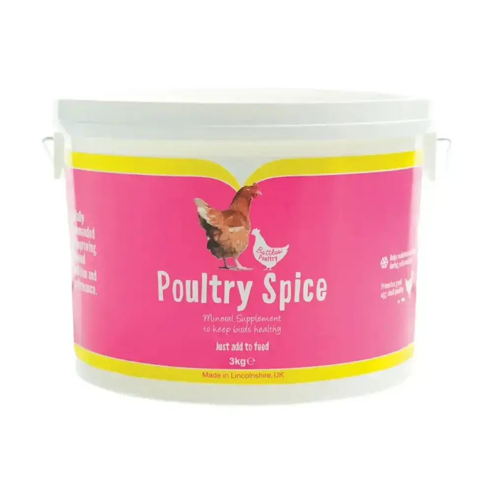 A vibrant pink and yellow battles poultry spice plastic bucket with cartoon chicken label for round condition care