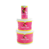 Stacked battles poultry spice containers in pink and yellow labels in round condition for flavorful poultry seasoning