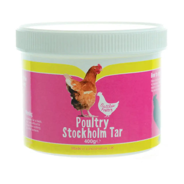 Pink and yellow labeled 400g battles poultry stockholm tar container from poultry keepers armoury helps prevent feather pecking