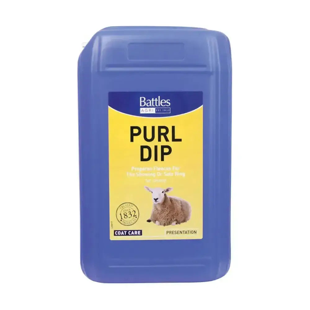 Blue plastic container of battles purl dip sheep dip with yellow label featuring lamb for sheep coat care