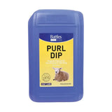 Blue plastic container of battles purl dip sheep dip with yellow label featuring lamb for sheep coat care