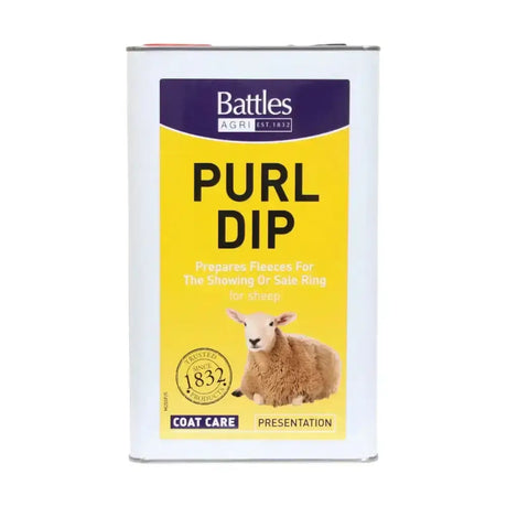 White metal canister with bright yellow battles agri label showing battles purl dip sheep dip for sheep coat care