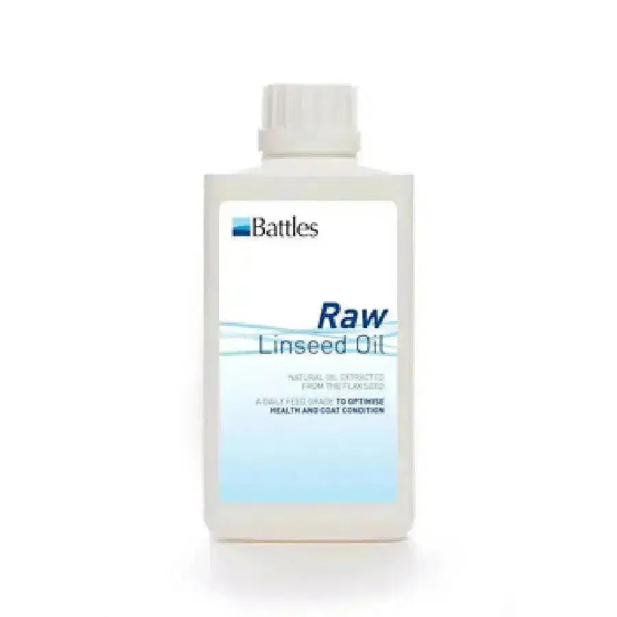 A white rectangular bottle of battles raw linseed oil with blue text label designed for optimising health and coat condition