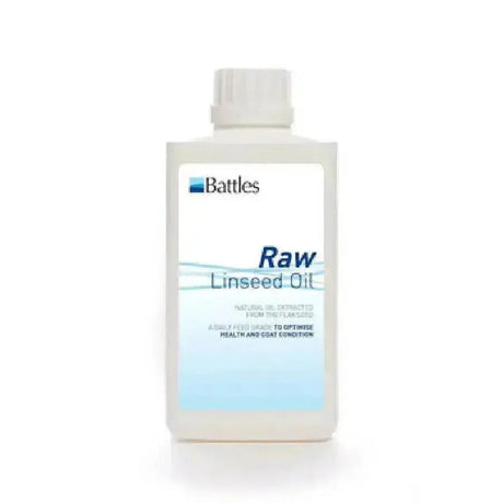 A white rectangular bottle of battles raw linseed oil with blue text label designed for optimising health and coat condition