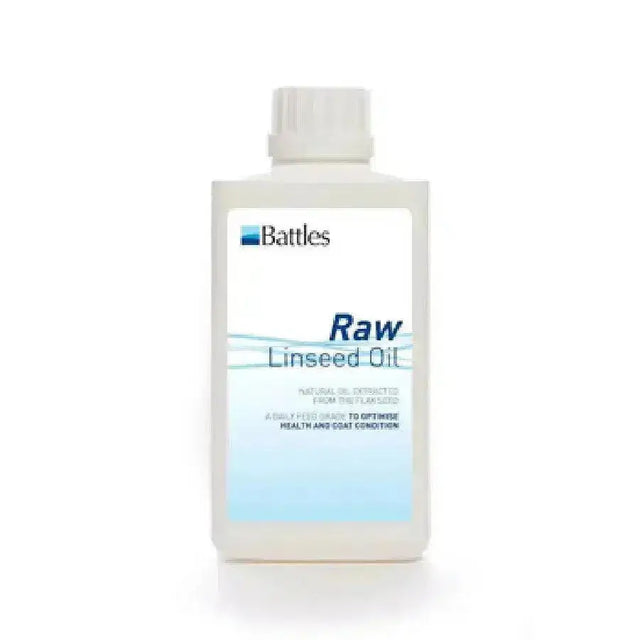 A white rectangular bottle of battles raw linseed oil with blue text label designed for optimising health and coat condition