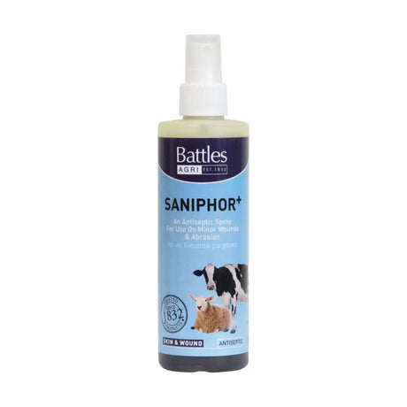 Battles saniphor light green antibacterial spray bottle with white nozzle for treating minor wounds and abrasions