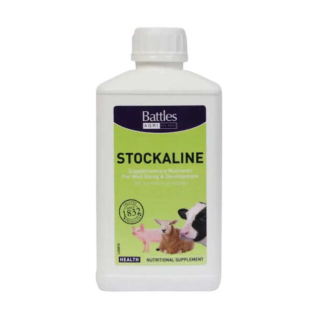 White plastic bottle of battles stockaline all-purpose health drench with green label for livestock nutrition