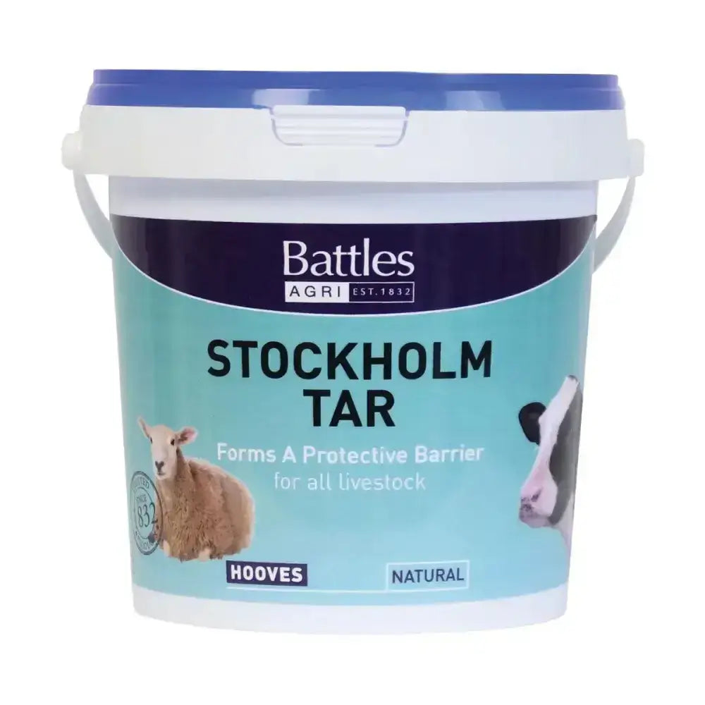 A white plastic bucket with a blue lid and teal label of battles stockholm tar for livestock hoof protection