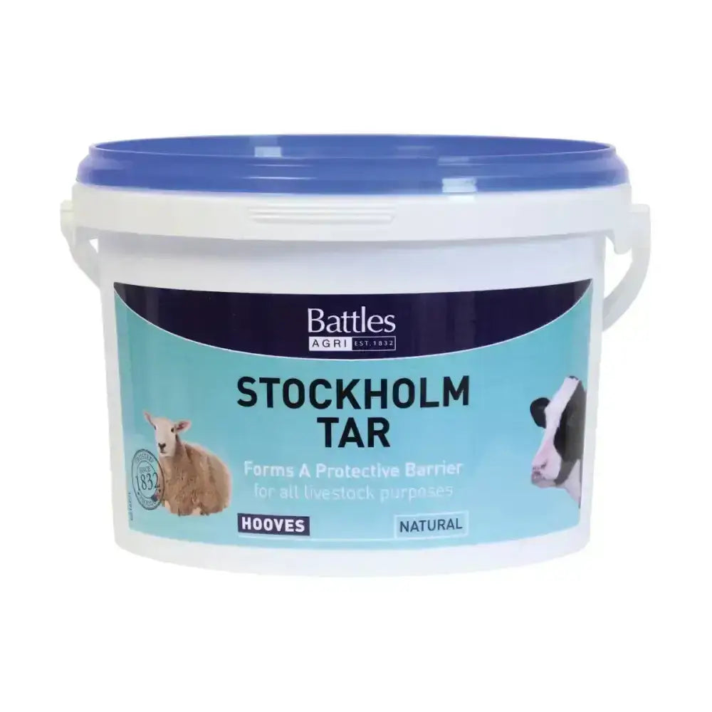 White plastic bucket with blue lid labeled battles stockholm tar for livestock hoof care featuring stockholm tar