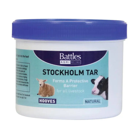White plastic container with blue lid and teal label for battles stockholm tar hoof treatment product battles stockholm tar