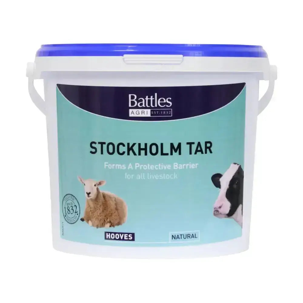 White plastic bucket with blue lid and teal label of battles stockholm tar for livestock hoof care product